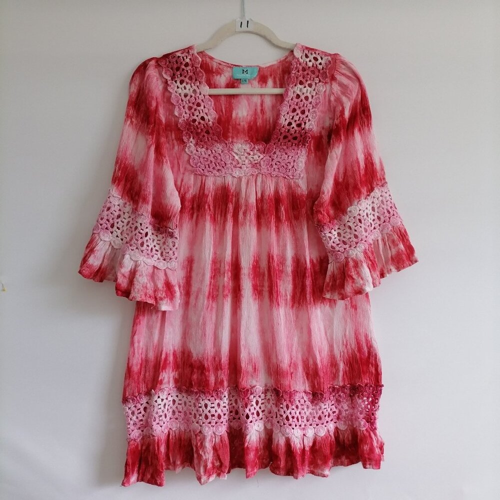 South Main Womens Red Crochet Lace Detailing Tie Dye Y2K Tunic Top Size L/XL